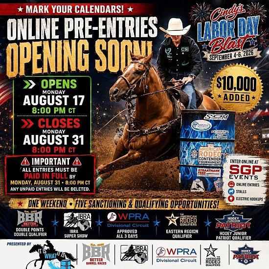 Sept 4-6, 2026: Cindy's Labor Day Blast - Flickerwood Arena, Jackson, MO